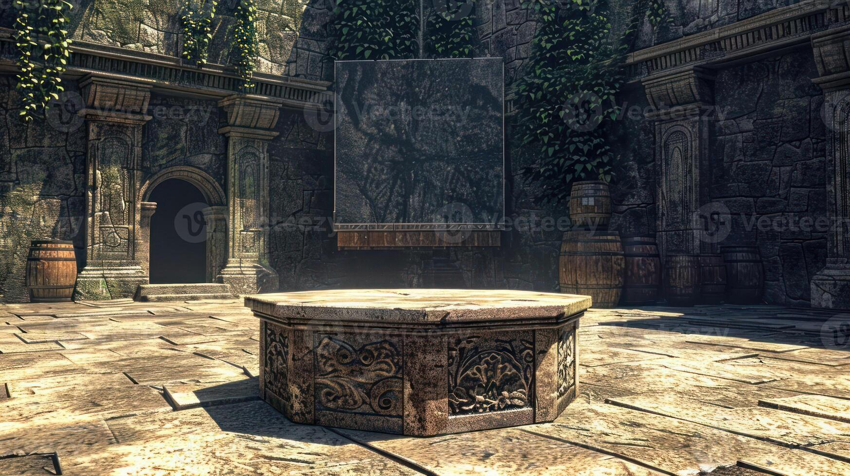 An ancient stone courtyard with a circular stone pedestal in the center, surrounded by barrels, overgrown with vines, and a large tapestry hanging on the wall. photo