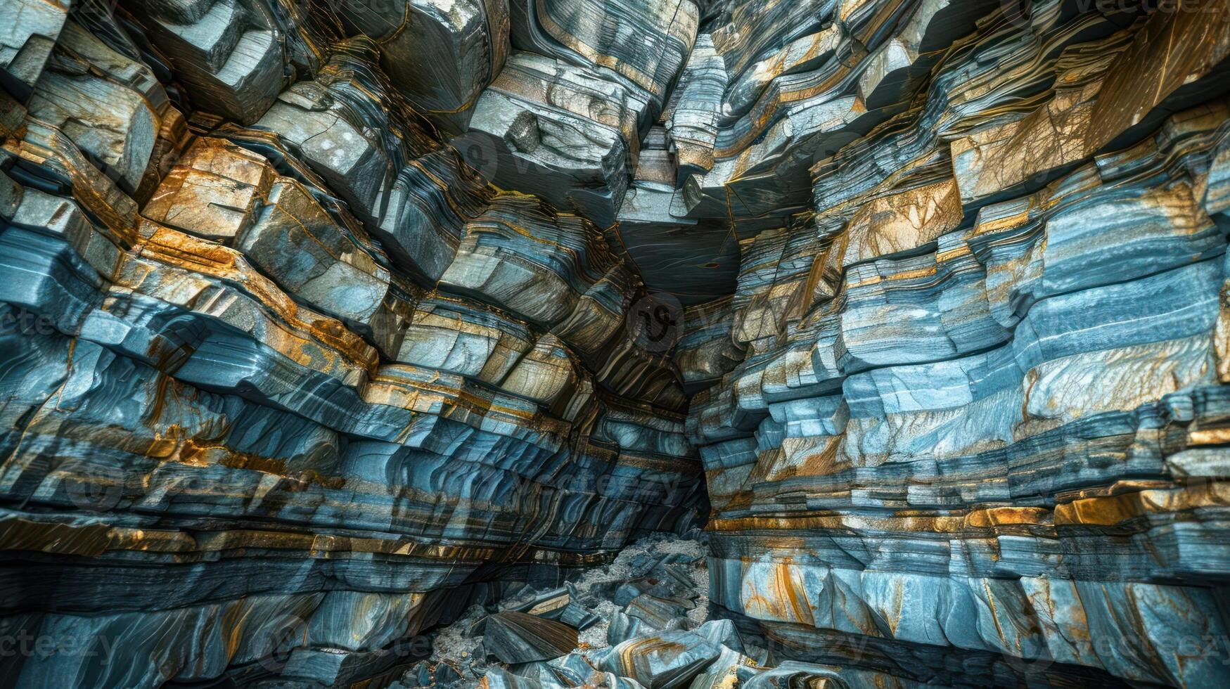 A close-up view of layered rock formations in a cave, showcasing intricate patterns and textures of grey, blue, and gold. photo