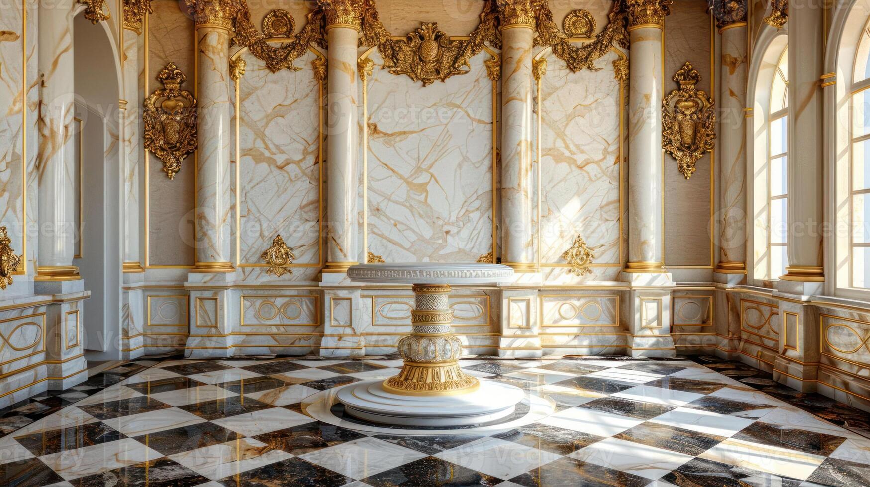 An elegant, empty, round, white marble table with golden accents stands in the center of a lavish, sunlit room with white marble walls, gold trim, and black and white checkered flooring. photo