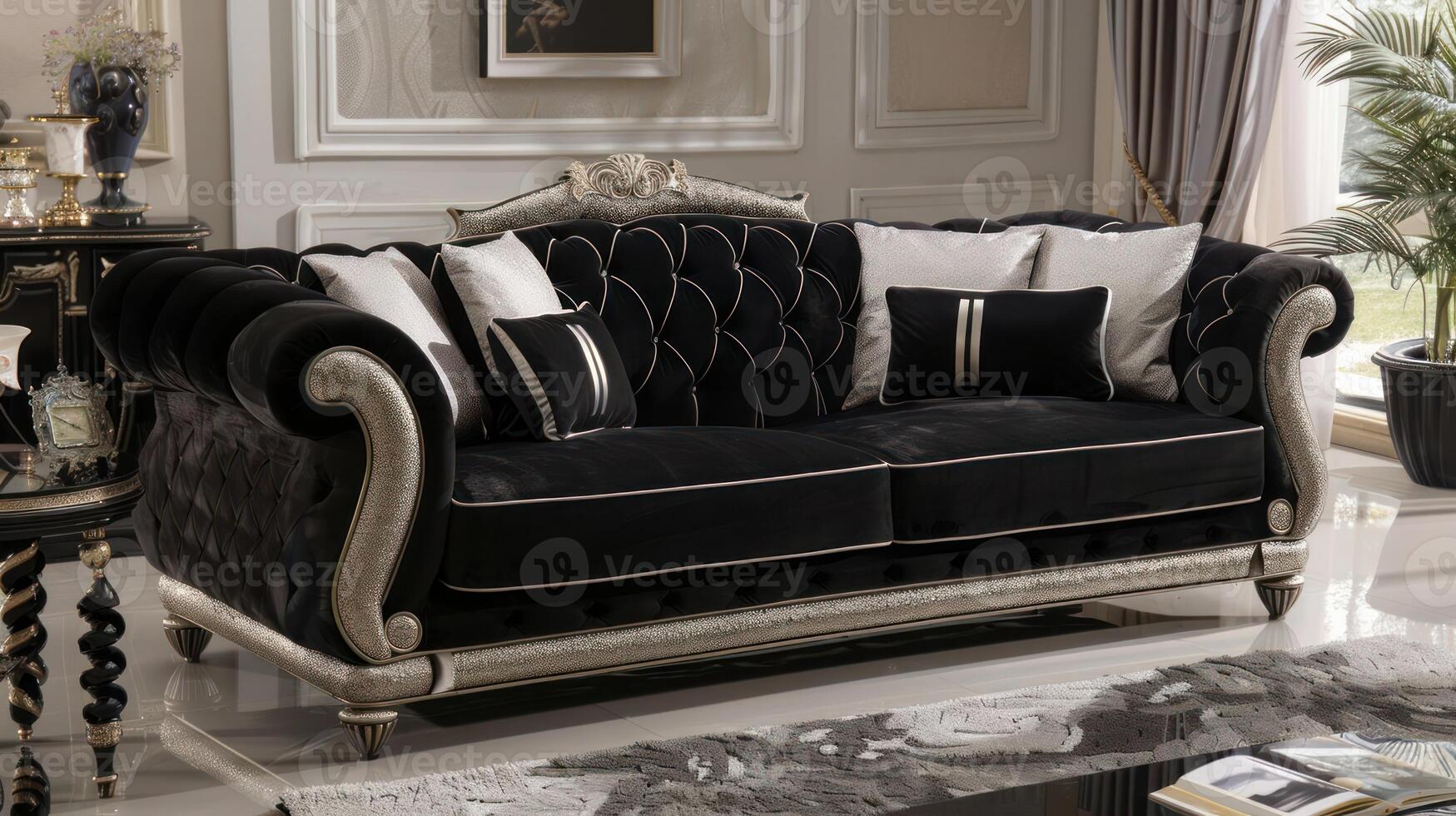A luxurious black velvet sofa with silver trim and tufted detailing, set against a backdrop of elegant gray walls and a black coffee table. photo