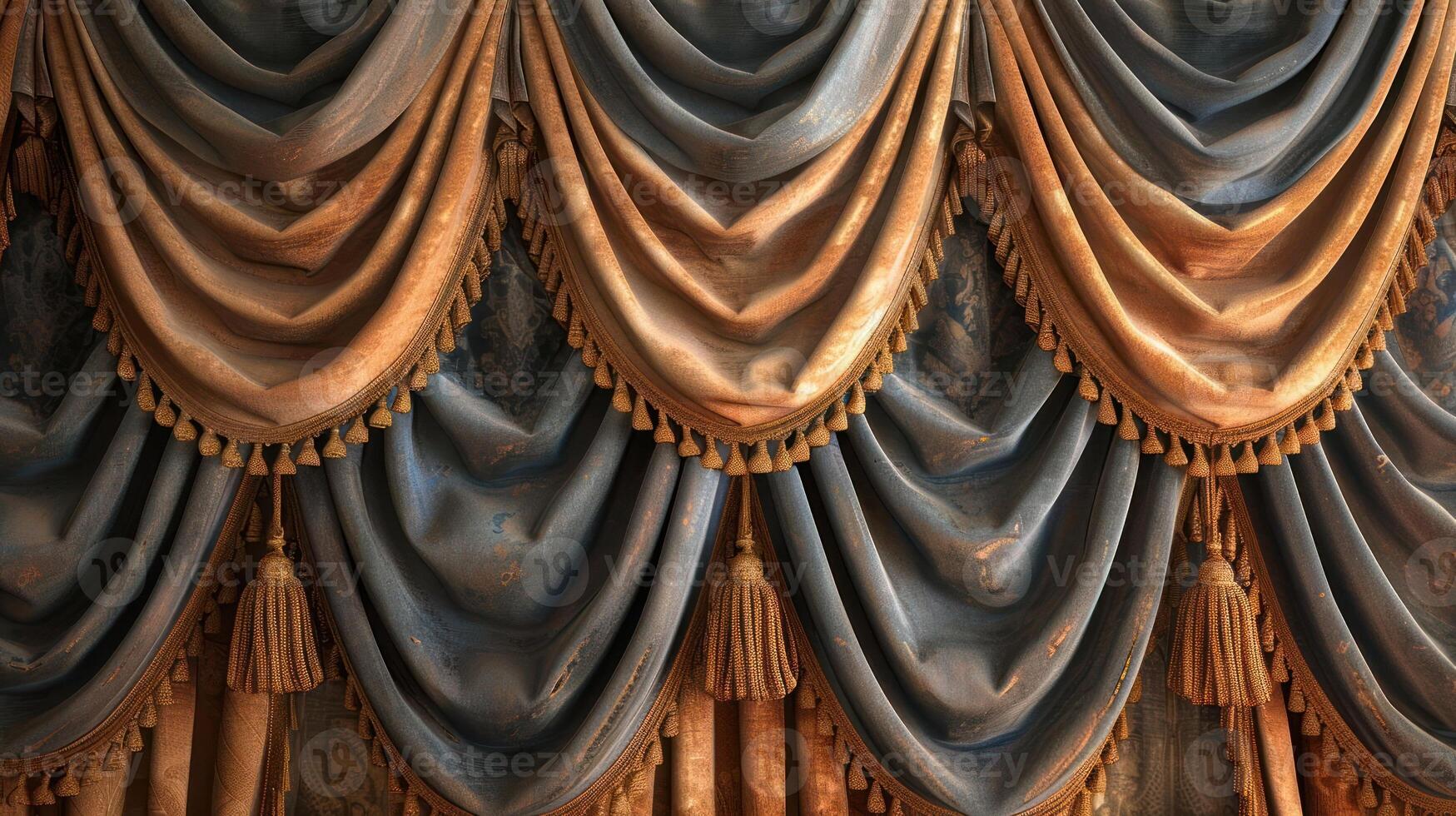 Close-up of blue and gold stage curtains with tassels. photo