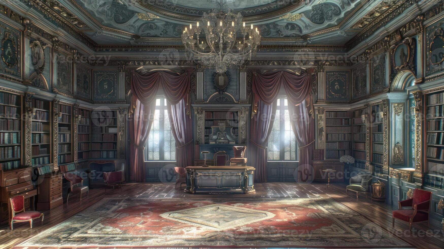 A grand, ornate library with a large desk, two windows, and a chandelier. photo