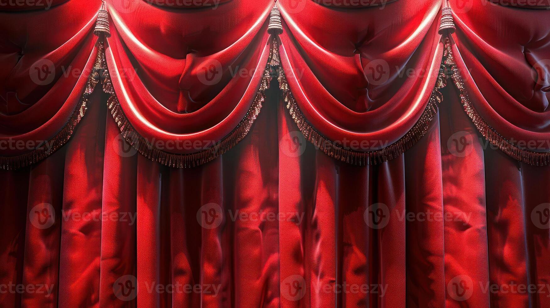 Red velvet theater curtains with gold trim and a spotlight shining on them. photo
