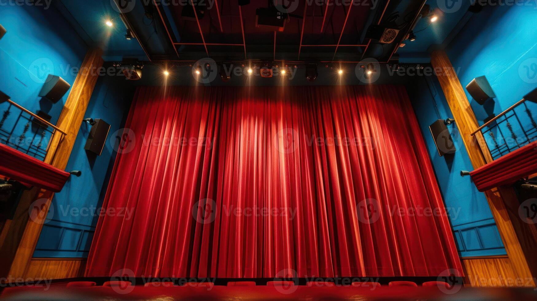A red velvet stage curtain is pulled closed in a theatre. photo