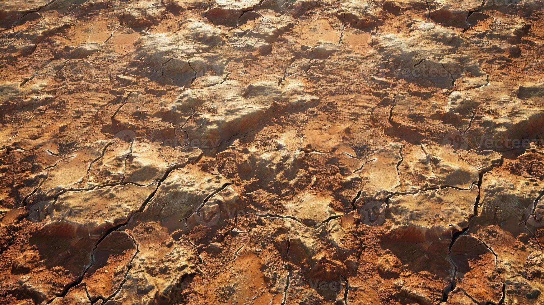 Close-up of cracked, dry, red soil. photo