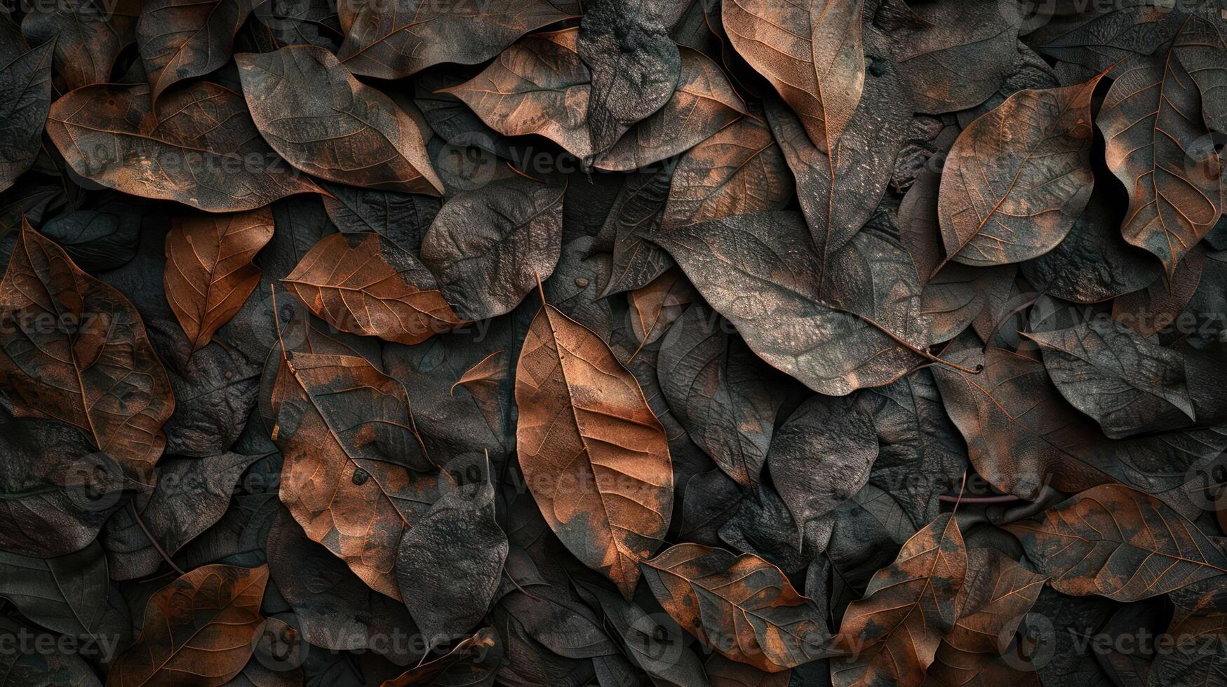 A close-up of a collection of fallen brown leaves, providing a textured background. photo