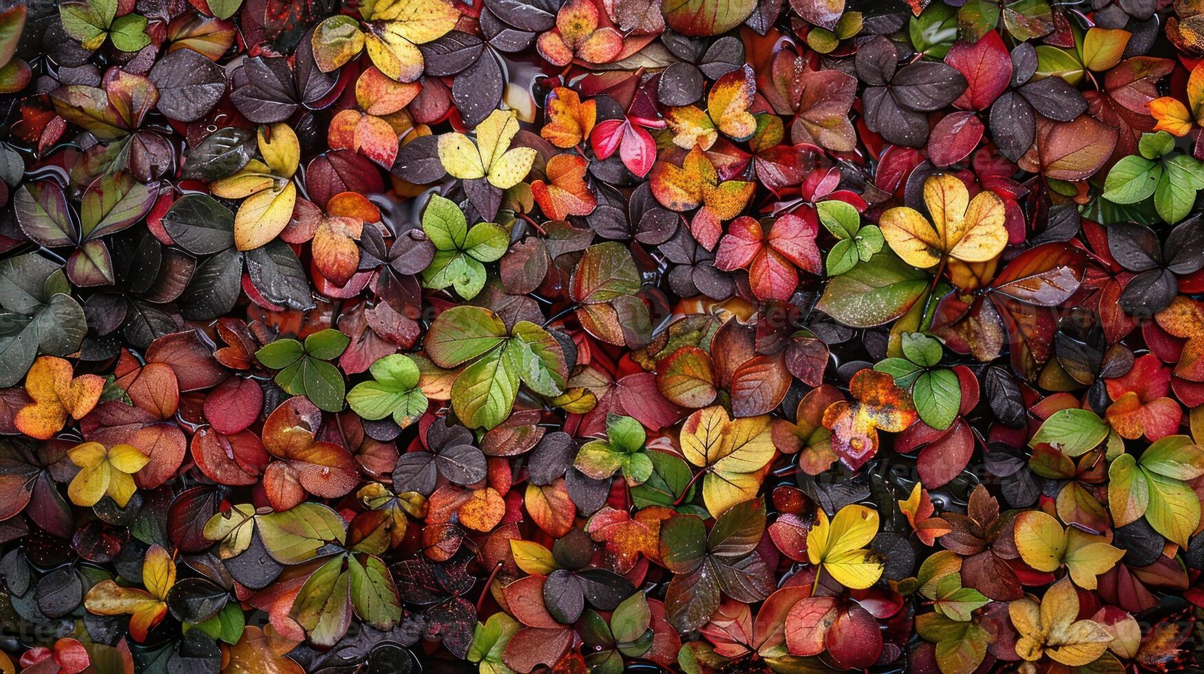 Colorful autumn leaves in various shades of red, yellow, green, and brown create a beautiful pattern. photo
