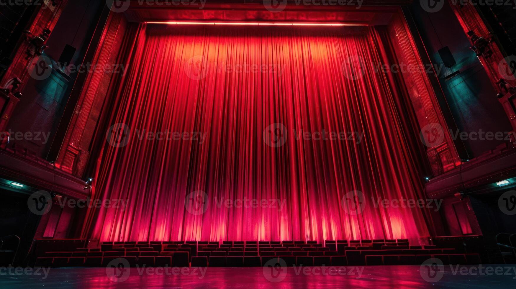 A large red curtain illuminated from behind in a theater setting. photo