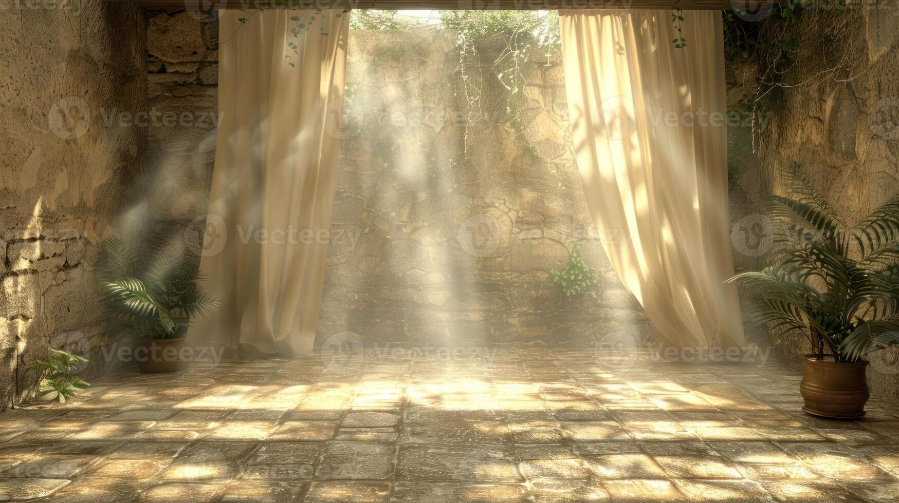Sunlight streams through white curtains in a stone room with potted plants. photo