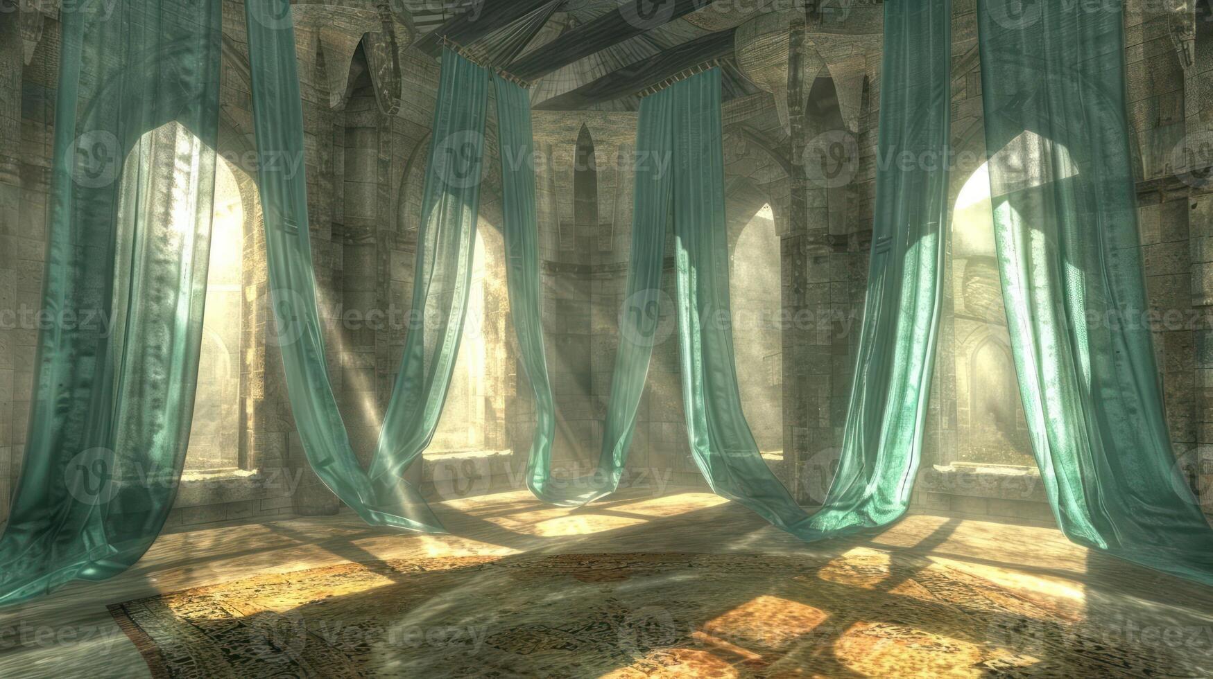 A grand, empty hall with arched windows and flowing green curtains. Sunlight streams in, illuminating the dusty, patterned floor. photo