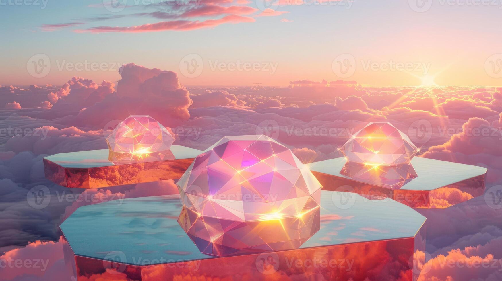 Three glowing diamonds on platforms above the clouds, illuminated by the setting sun. photo