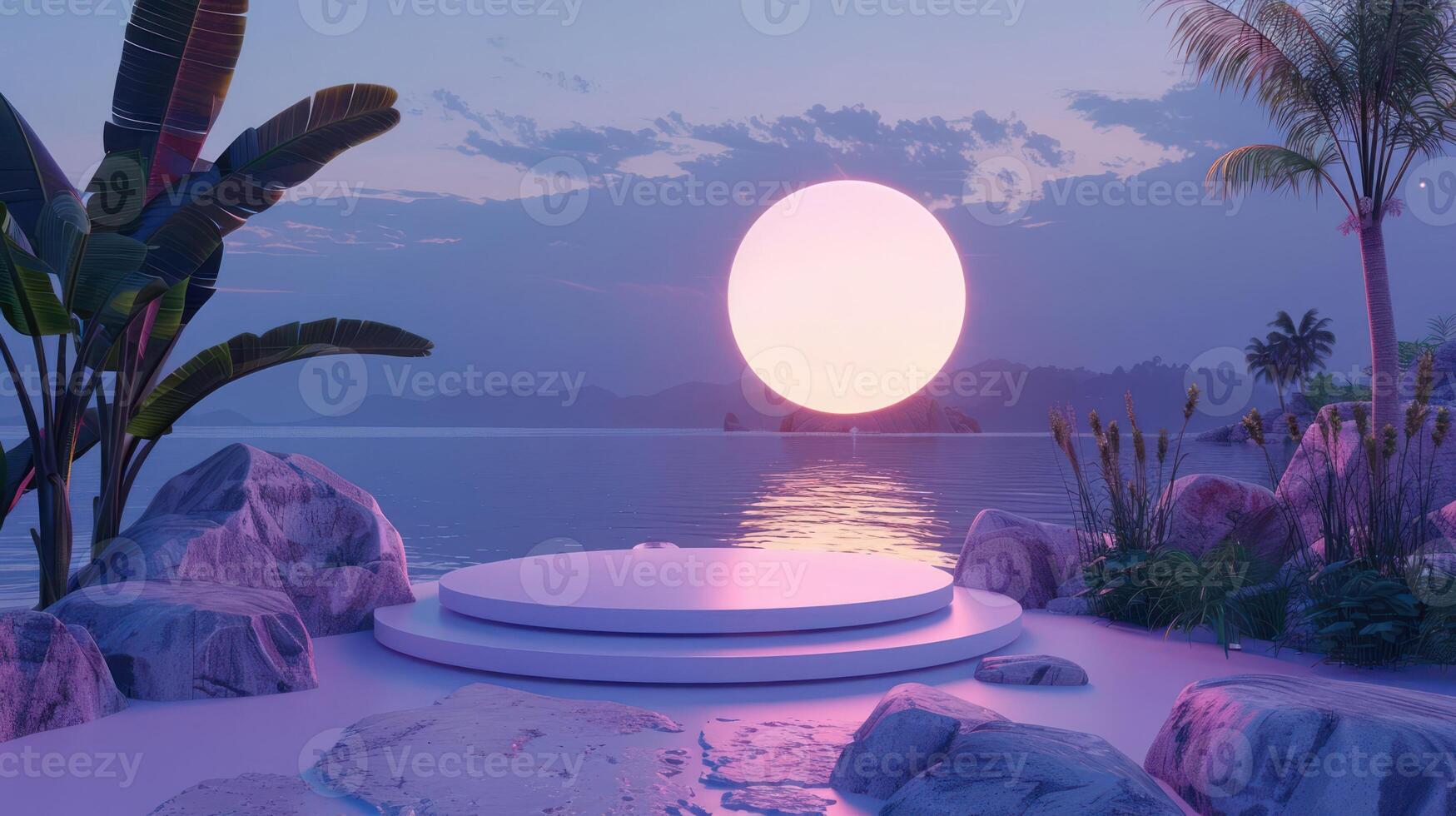 A white podium on a sandy beach with a tropical sunset and palm trees. photo
