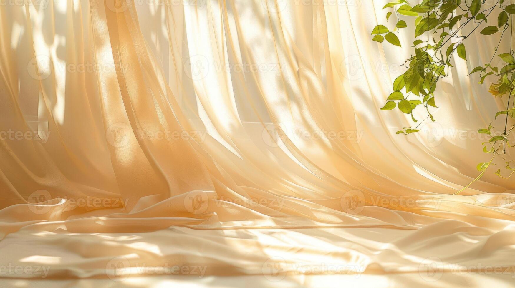 Sheer curtains with sunlight streaming through, casting shadows on the floor. photo