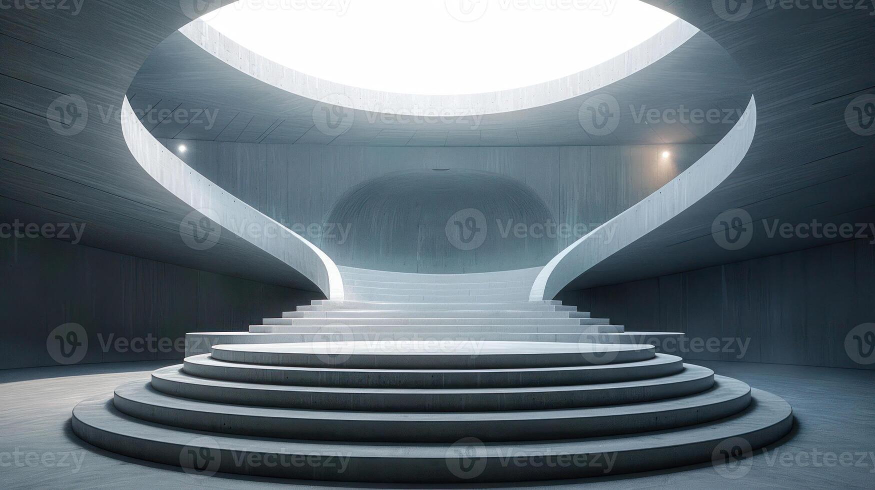 Modern architecture with a circular staircase leading up to a round platform with a skylight overhead. photo