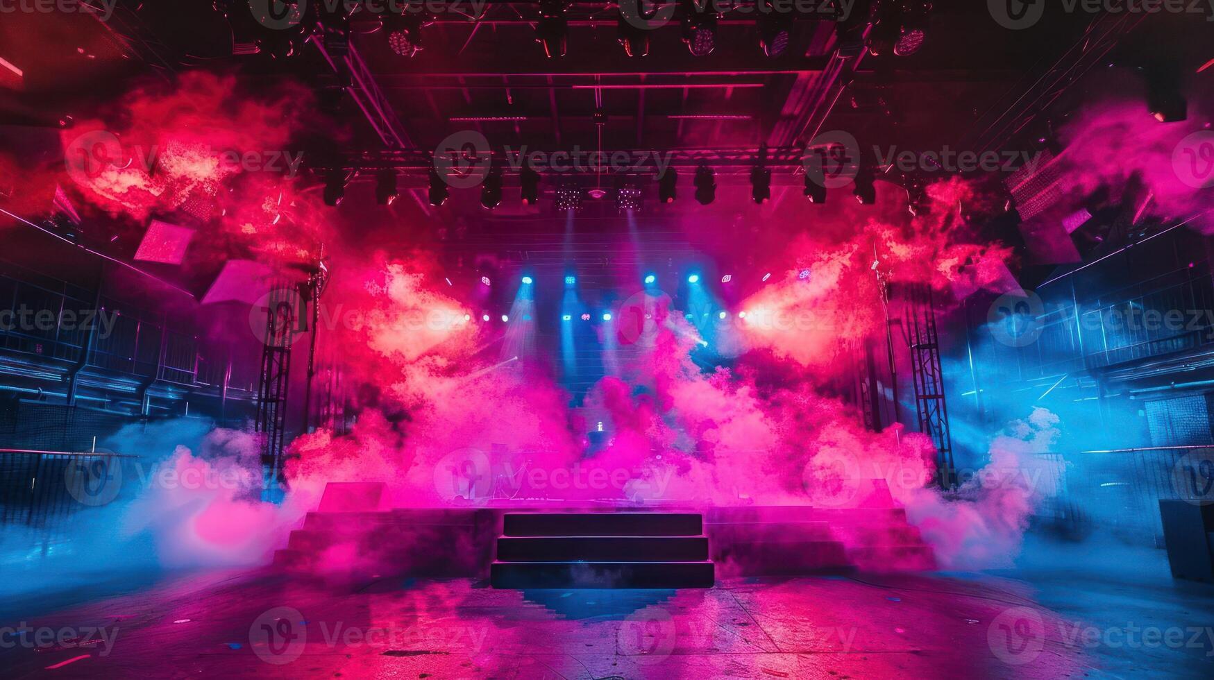 Empty stage with colorful lighting and smoke. photo