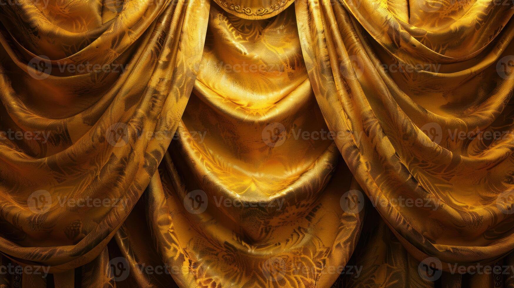 Close-up of golden velvet curtains with intricate design and soft folds. photo