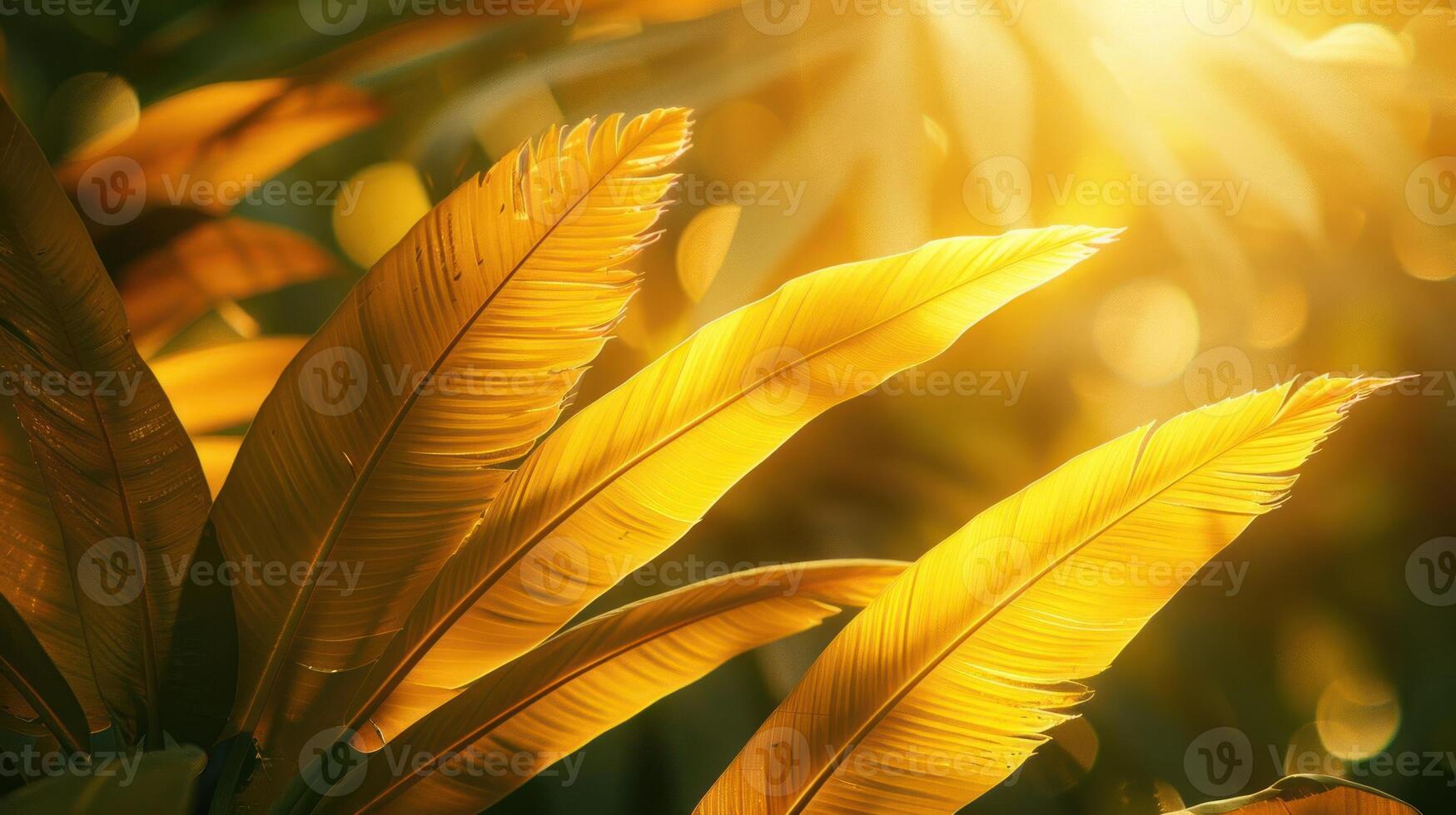 Golden palm leaves bathed in warm sunlight with a bokeh effect. photo