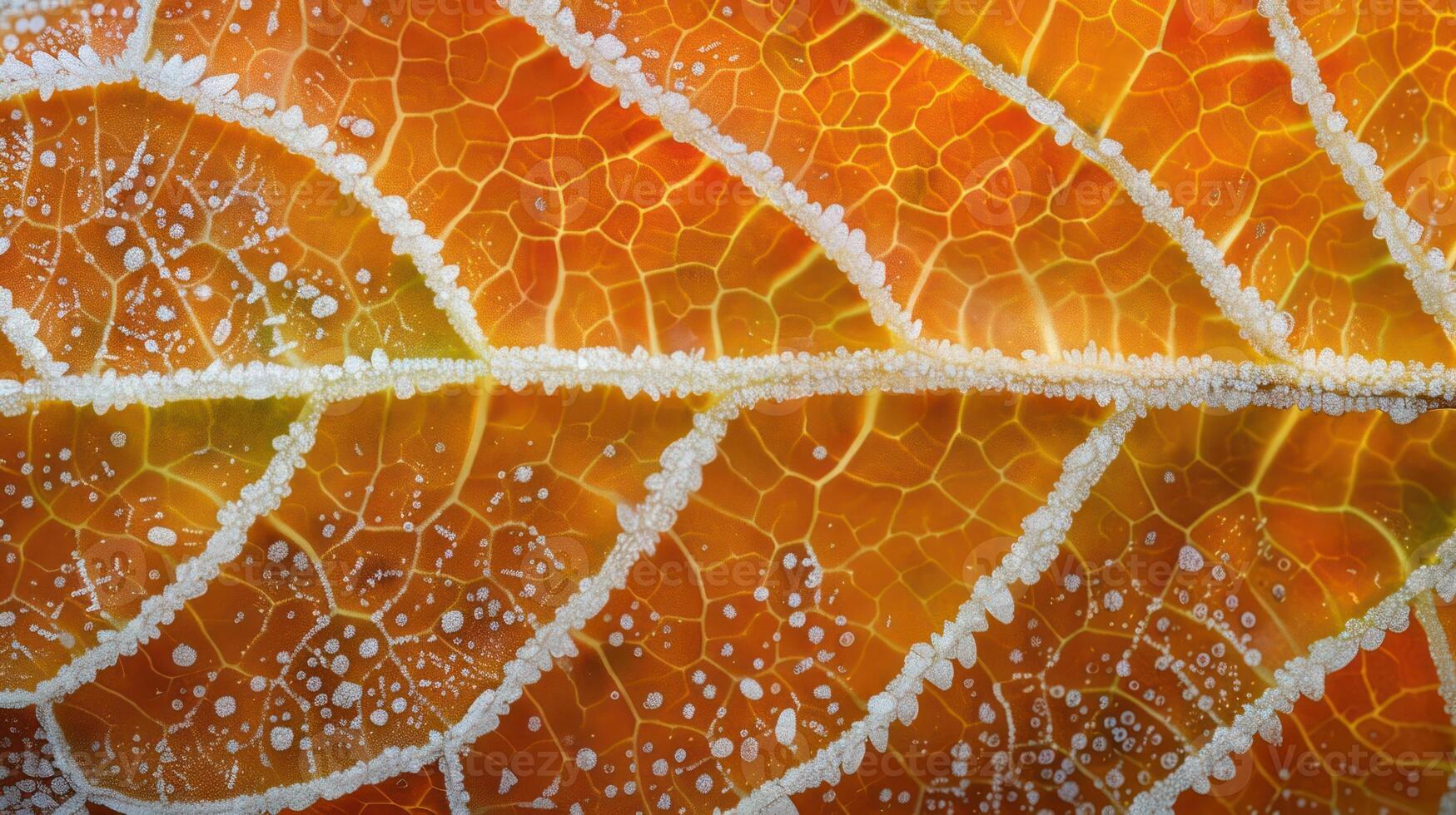 Close-up of a leaf with frost on its surface, showcasing intricate veins and textures. photo