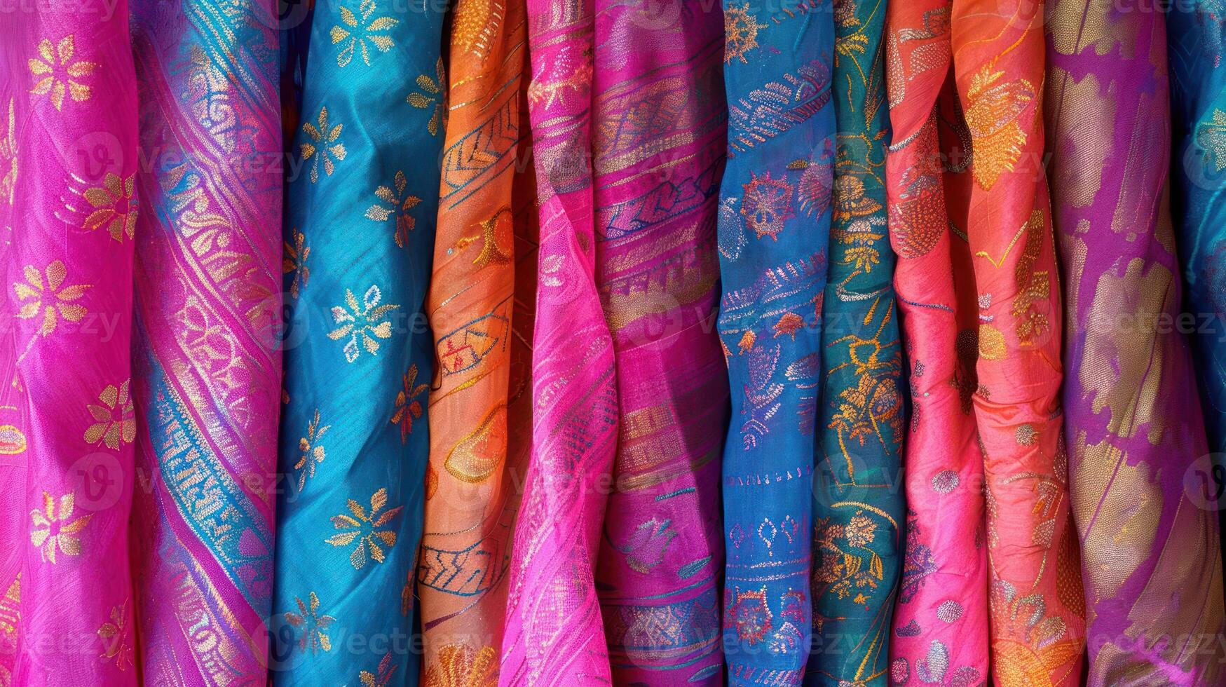 Colorful patterned fabric hanging in a shop. photo