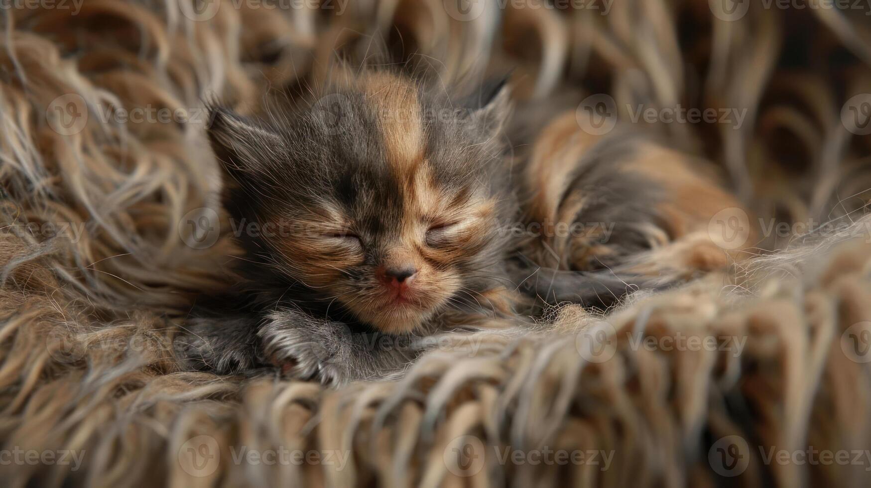 A tiny calico kitten sleeps peacefully on a soft, fluffy blanket. photo