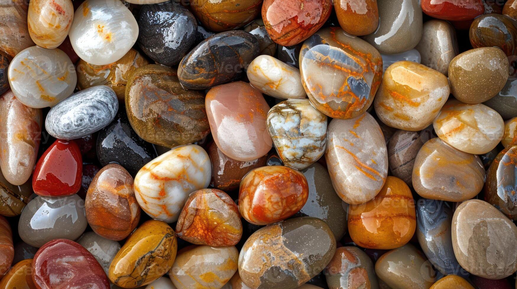 Close-up of colorful, smooth river rocks. photo