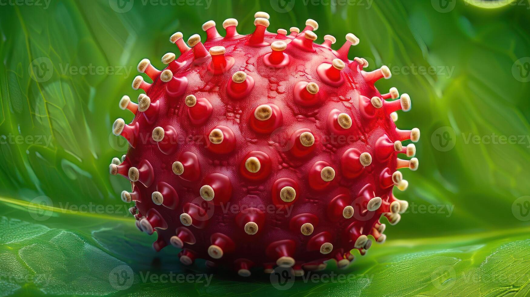 Close-up of a red virus particle with spikes on a green leaf background. photo