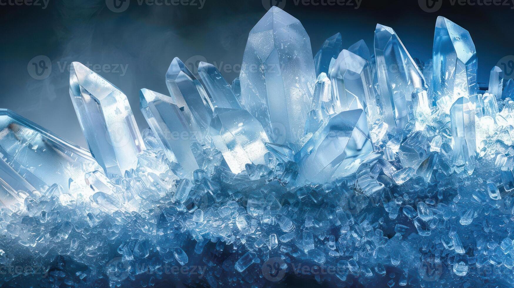 A close-up of a cluster of clear quartz crystals on a dark background. photo