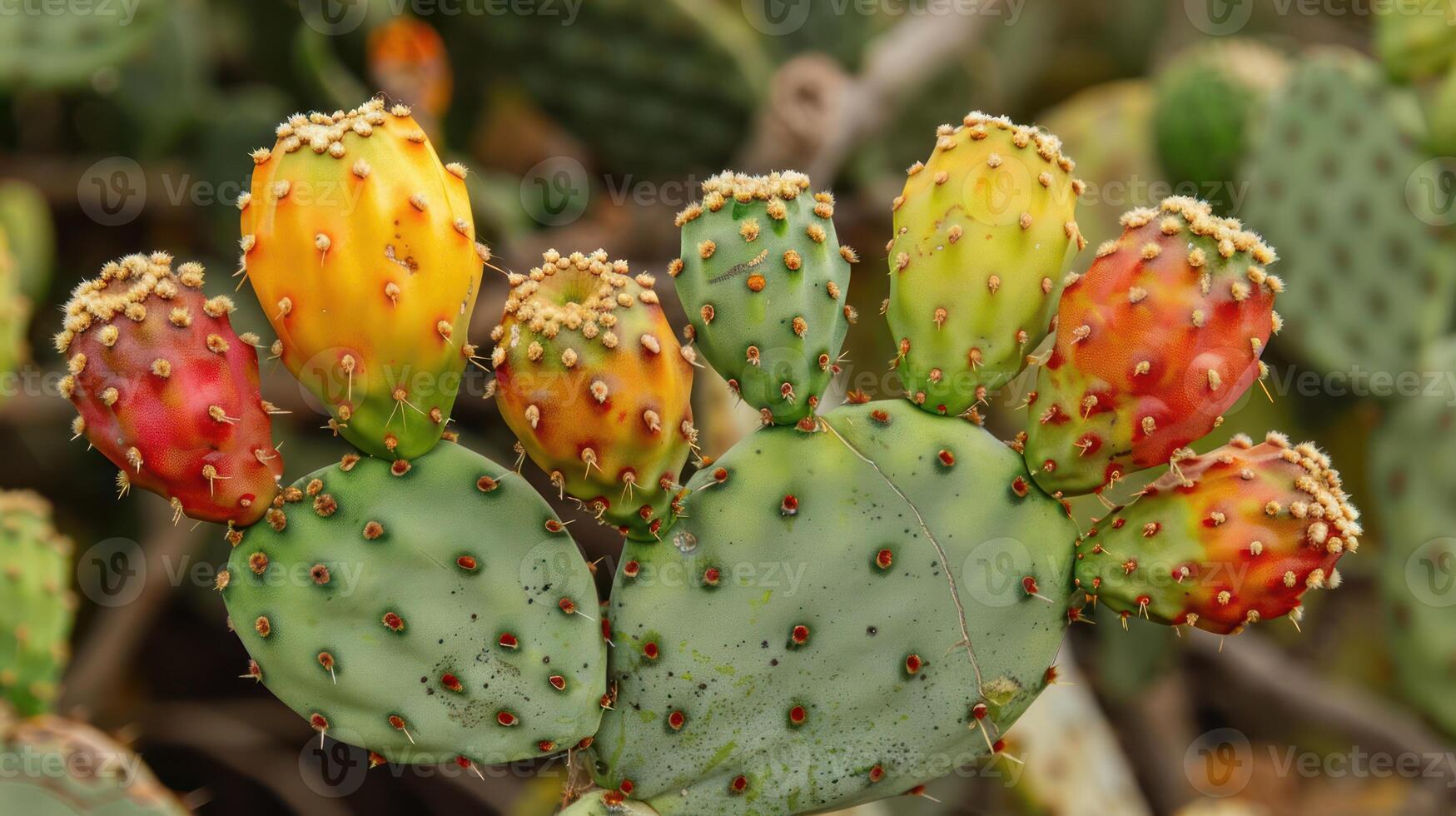 A close-up of a prickly pear cactus with several ripe fruits. photo