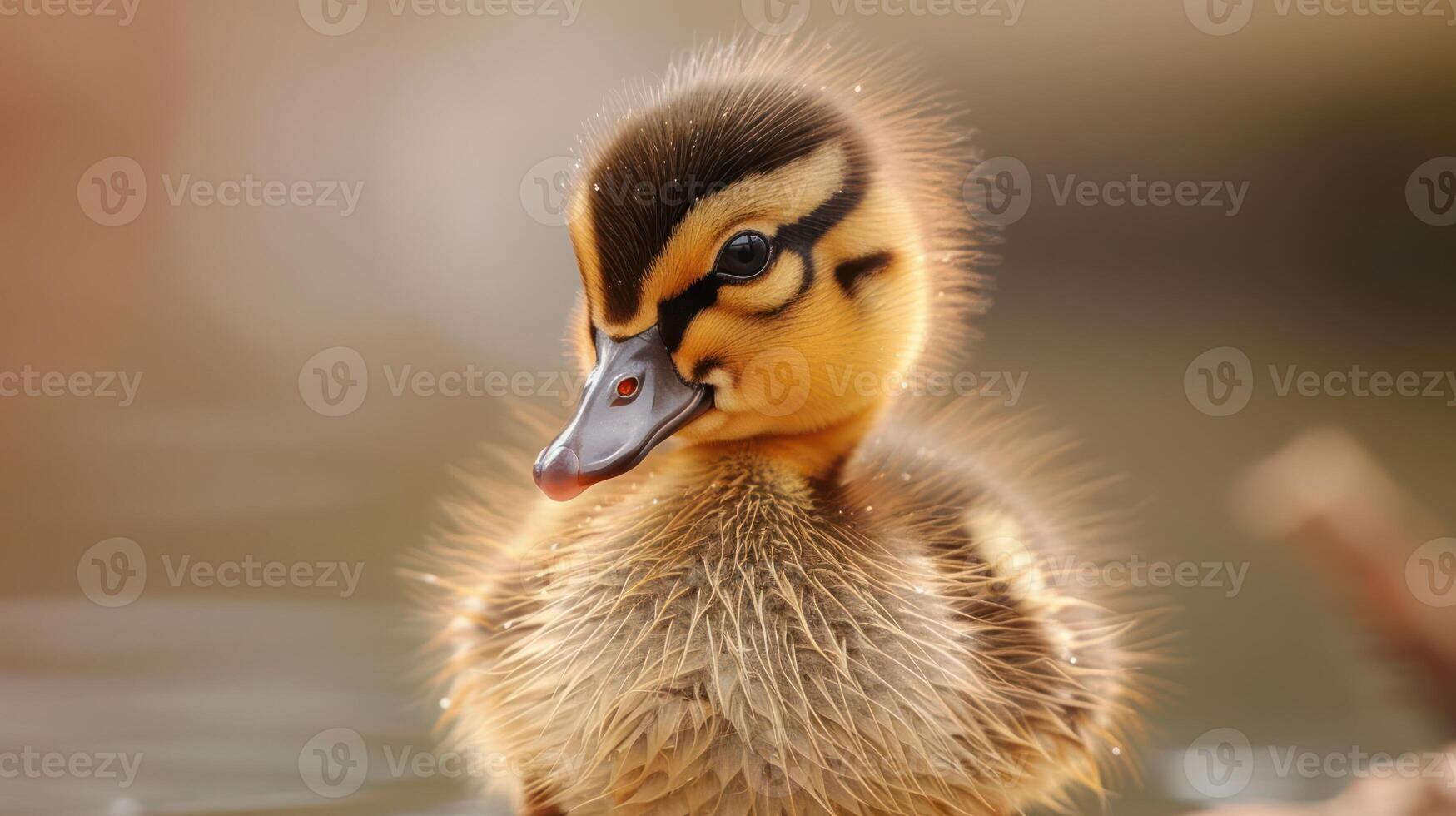 A close-up portrait of a cute baby duckling with soft brown and yellow feathers, looking at the camera with a curious expression. photo