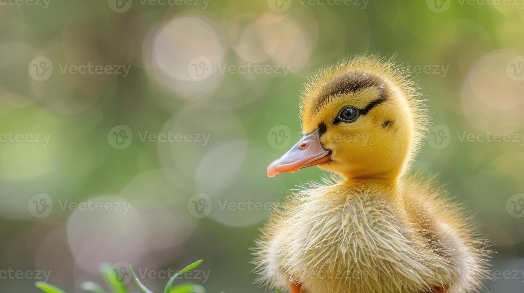 Close-up of a cute baby duckling with soft yellow feathers and a pink beak, looking to the side against a blurred green background. photo