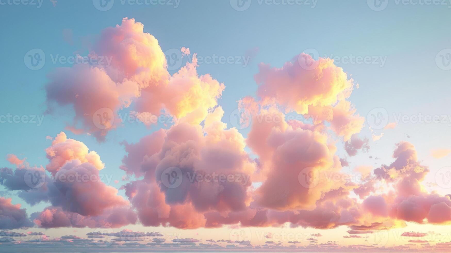 A vast, blue sky with fluffy, pink clouds in a soft, pastel color palette. photo
