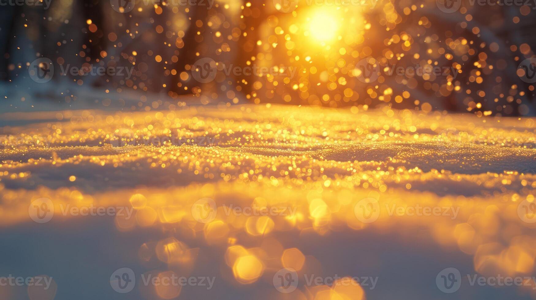Close-up of sparkling snow in golden sunset light with blurred forest background. photo