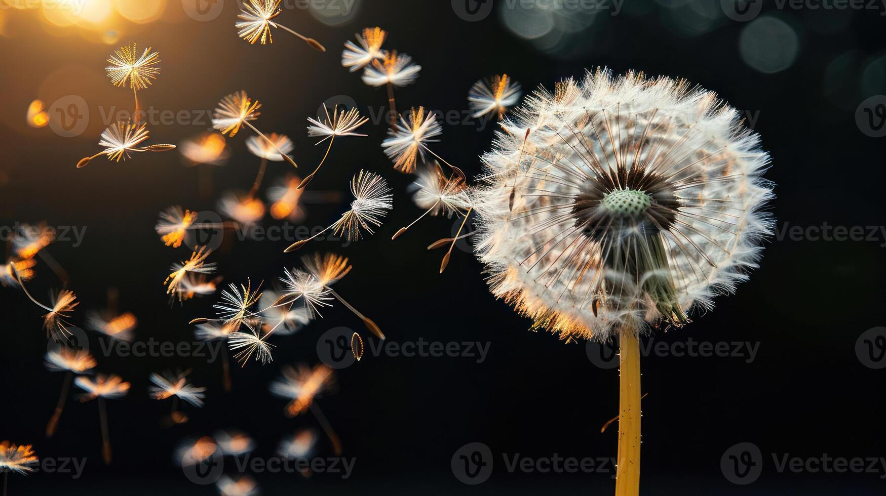 A dandelion with seeds blowing in the wind against a dark background with a sunburst. photo