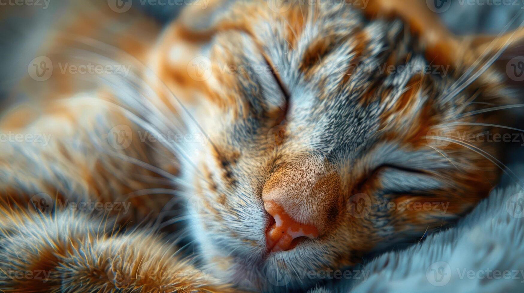 Close-up of a sleeping cat with its eyes closed, its orange and white fur visible. photo