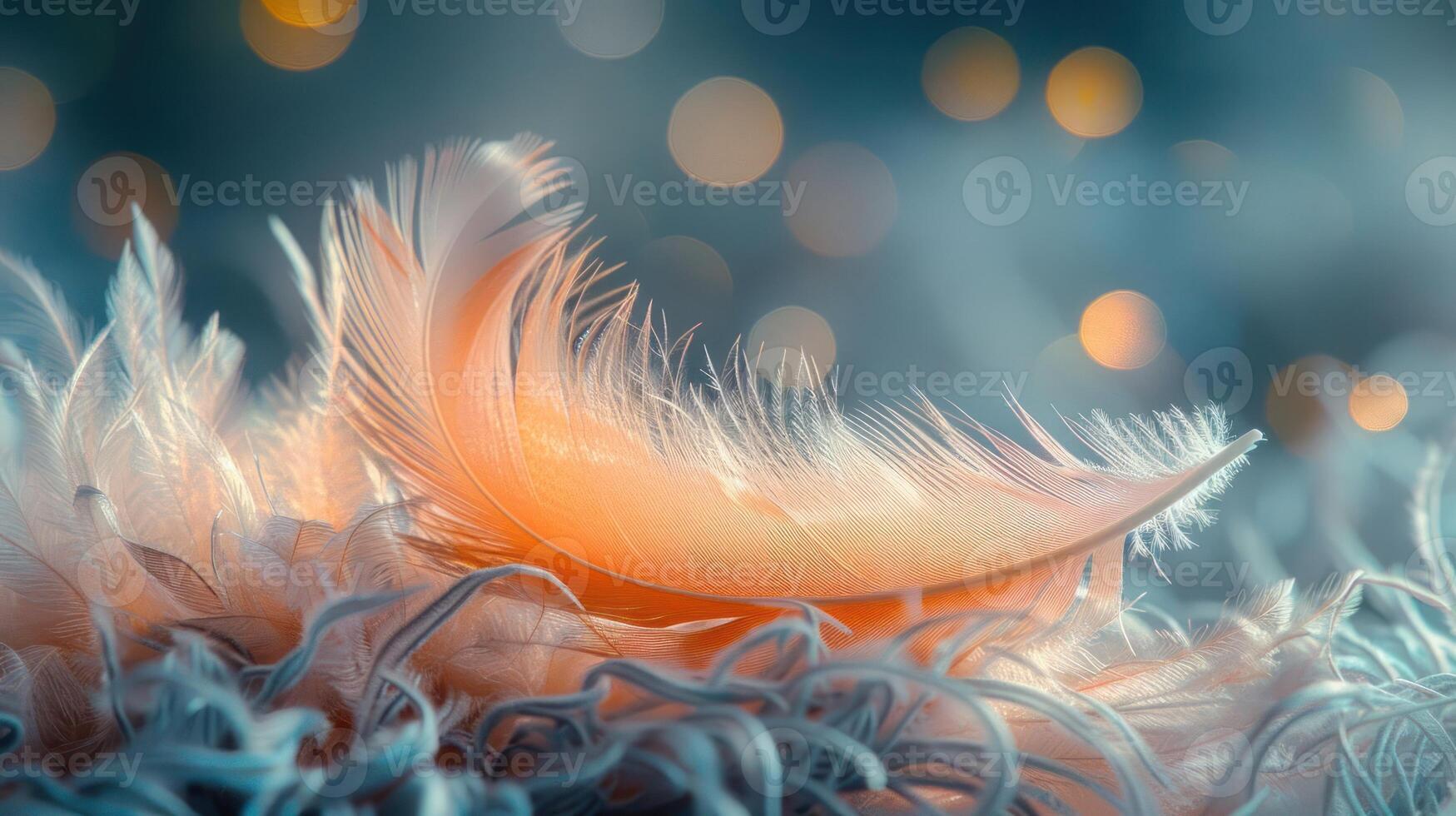A single soft feather rests on a bed of fluffy feathers, illuminated by warm bokeh lights. photo
