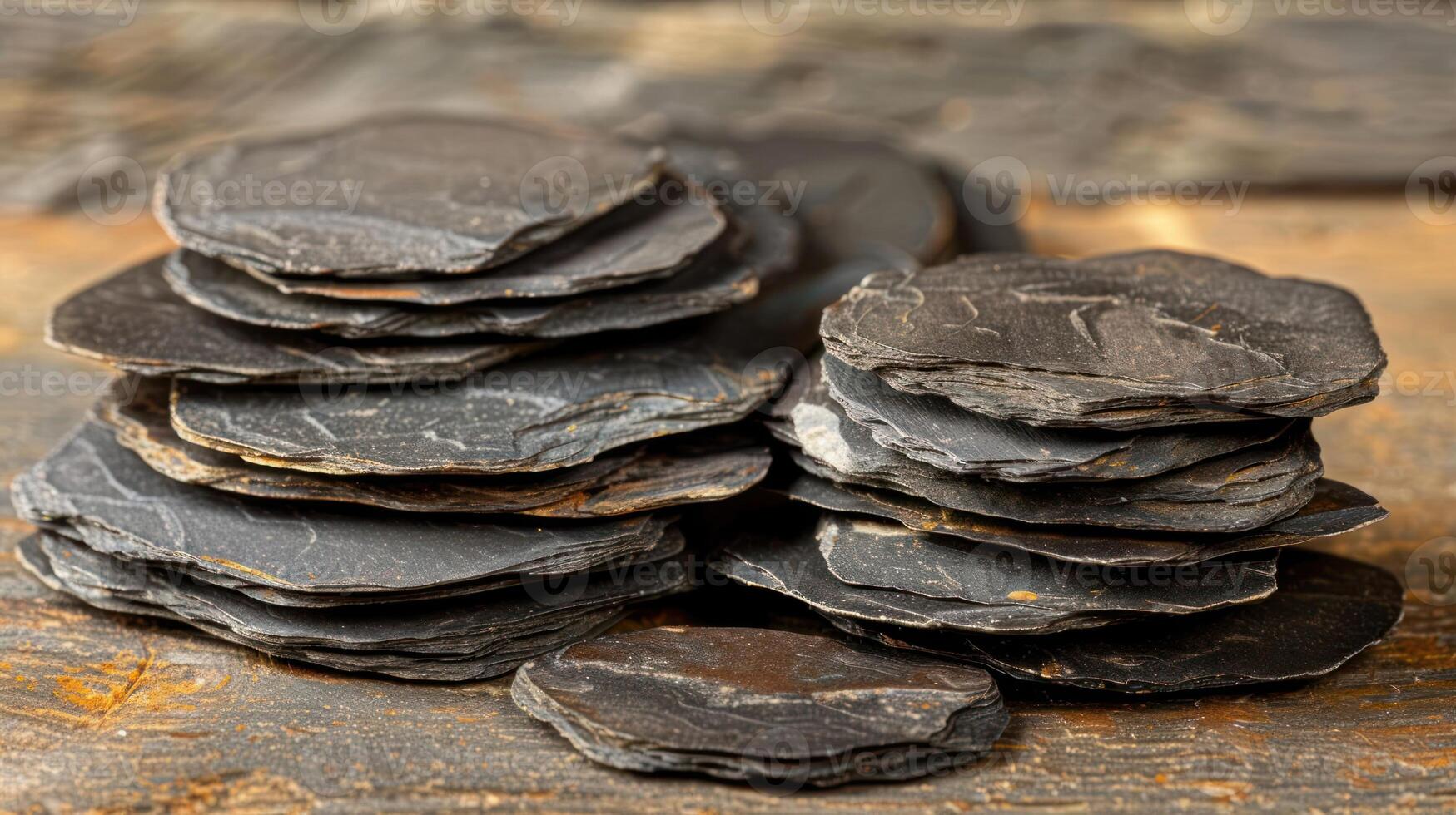 A close-up shot of a stack of smooth black slate coasters on a rustic wooden surface. photo