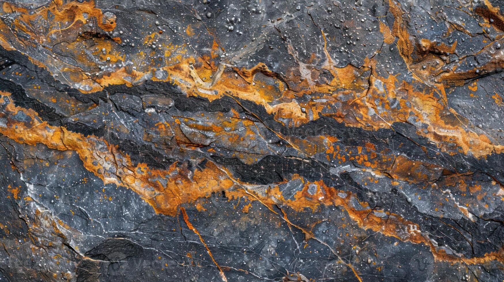 Close-up of a textured rock surface with streaks of orange and black. photo