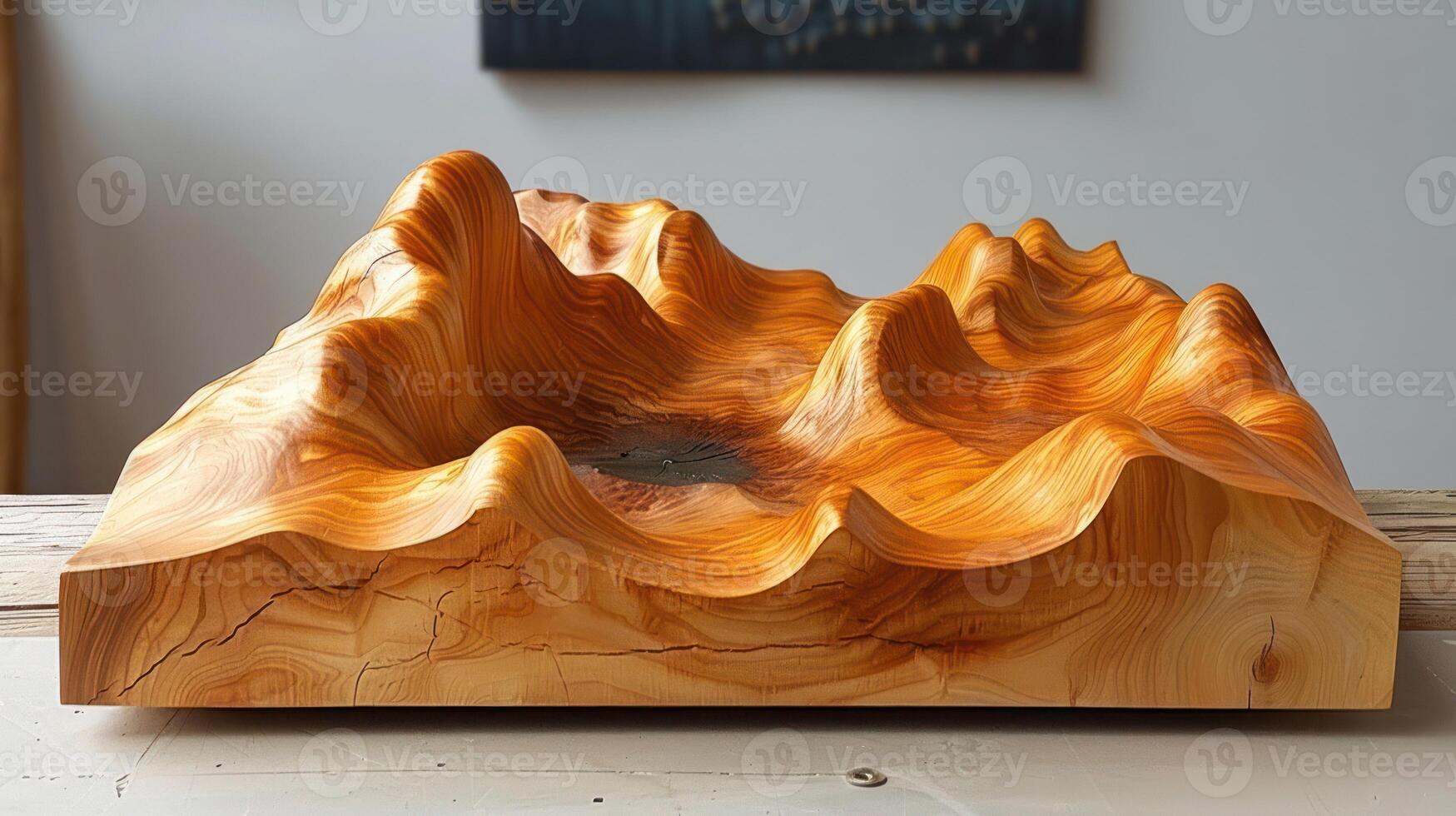 A wooden sculpture of a mountain range with a valley. photo