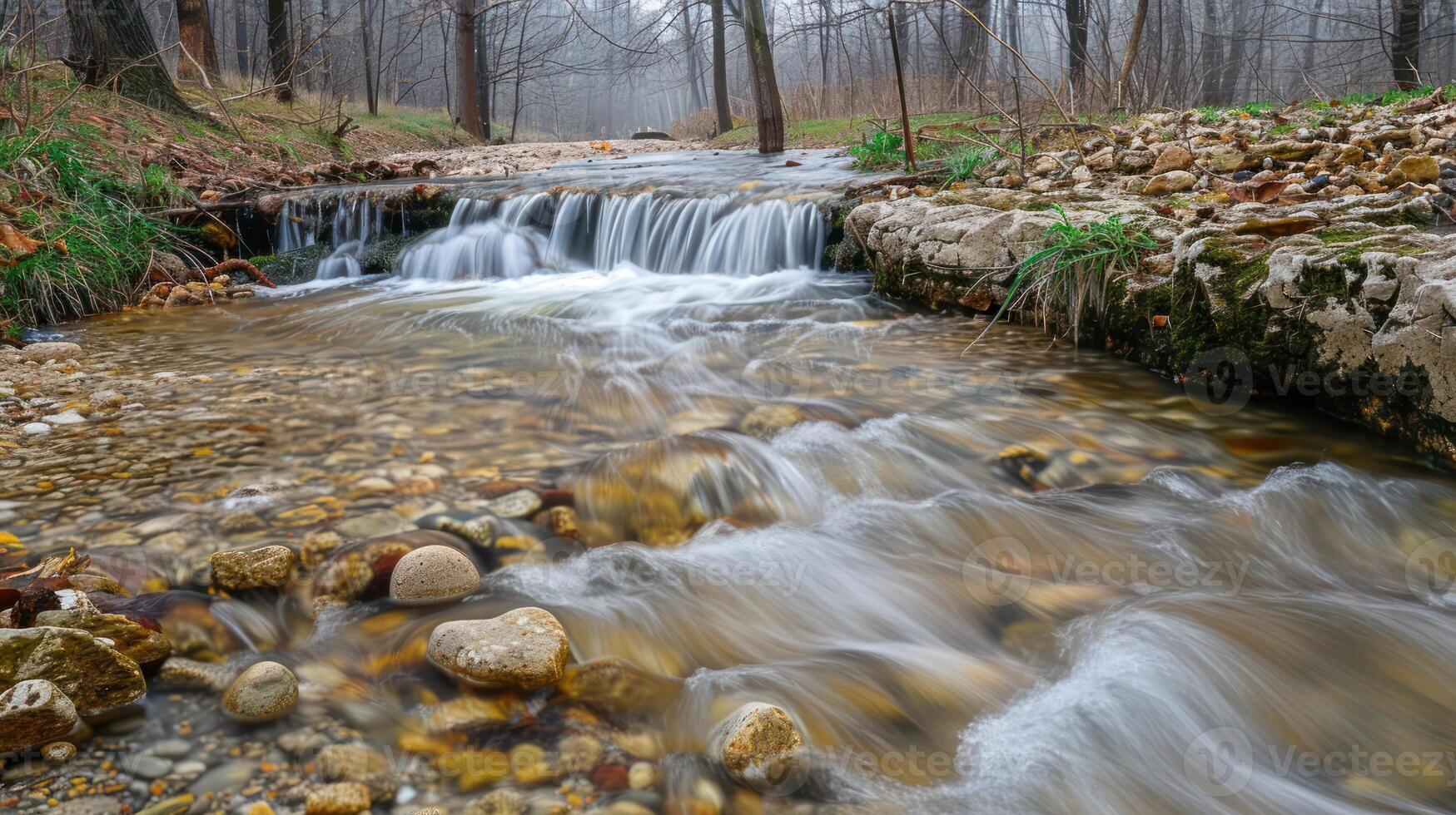 A small waterfall cascades over rocks in a stream. The water is clear and flowing, and the surrounding forest is bare. photo