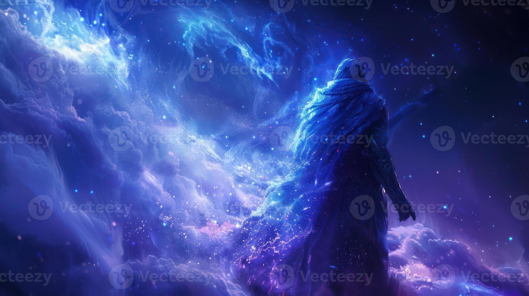 A lone figure stands silhouetted against a backdrop of vibrant nebulae and twinkling stars, their cloak flowing with the cosmic energy. photo