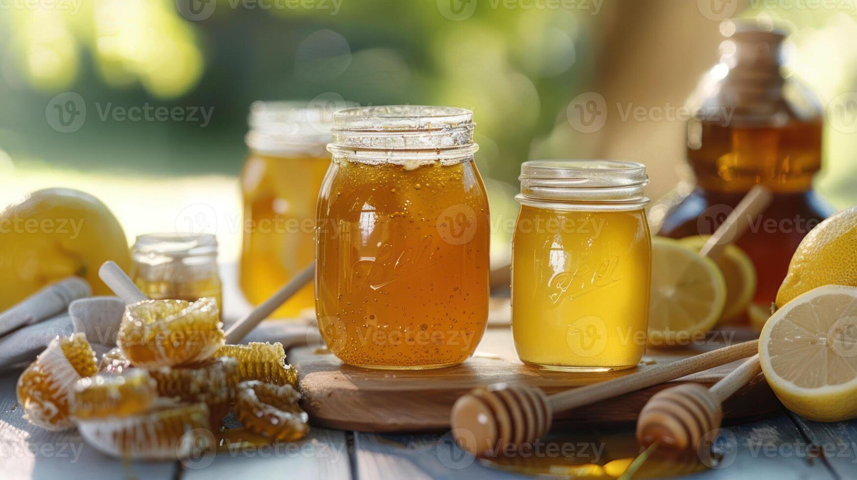 Jars of honey with honeycombs and lemon slices on wooden table. photo