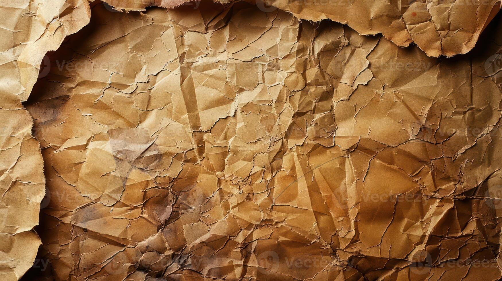 Close-up of crumpled, weathered, and aged brown paper with visible lines and texture. photo