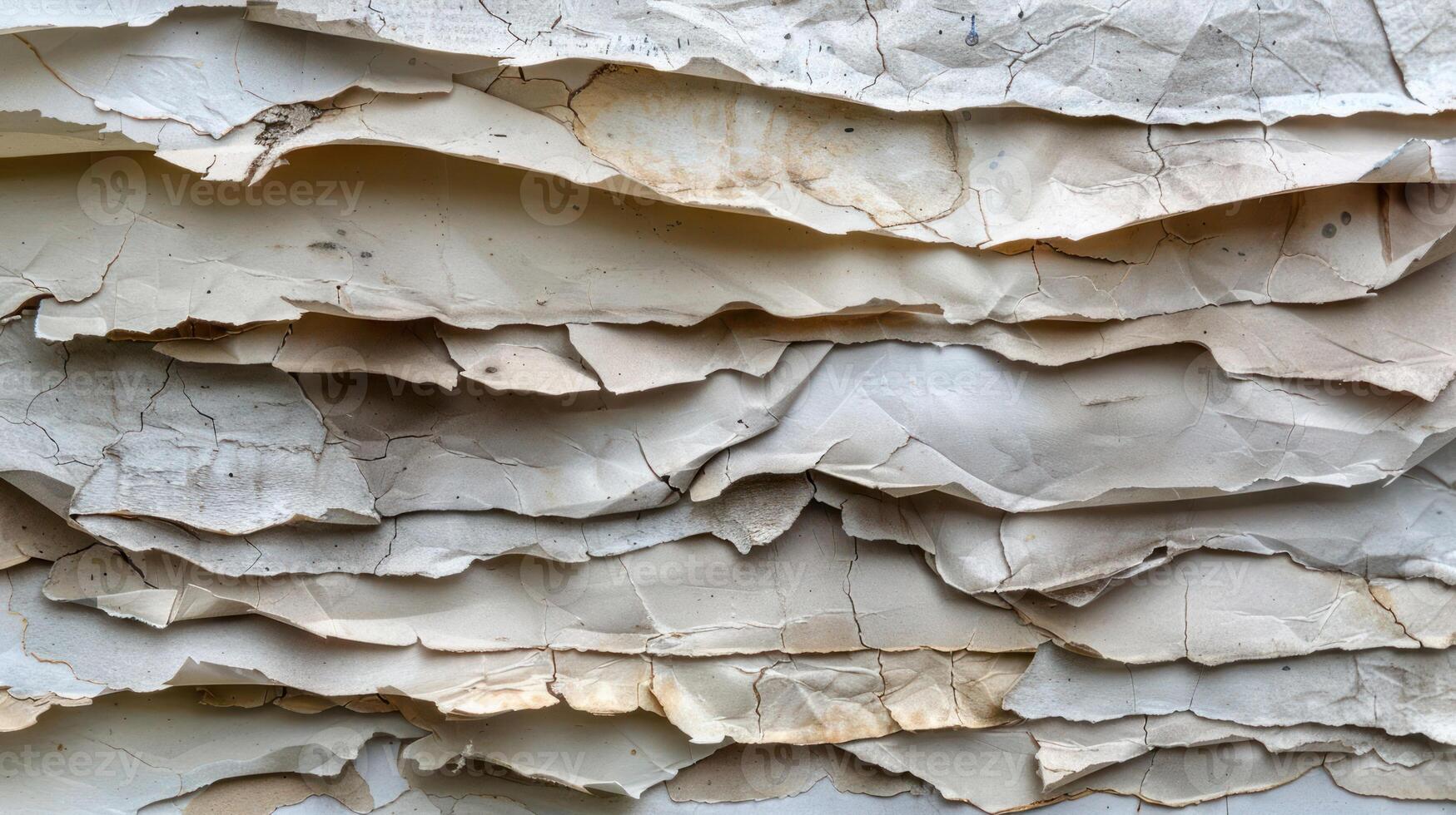 Stack of old, crumpled, and weathered paper sheets with visible texture and faint writing. photo