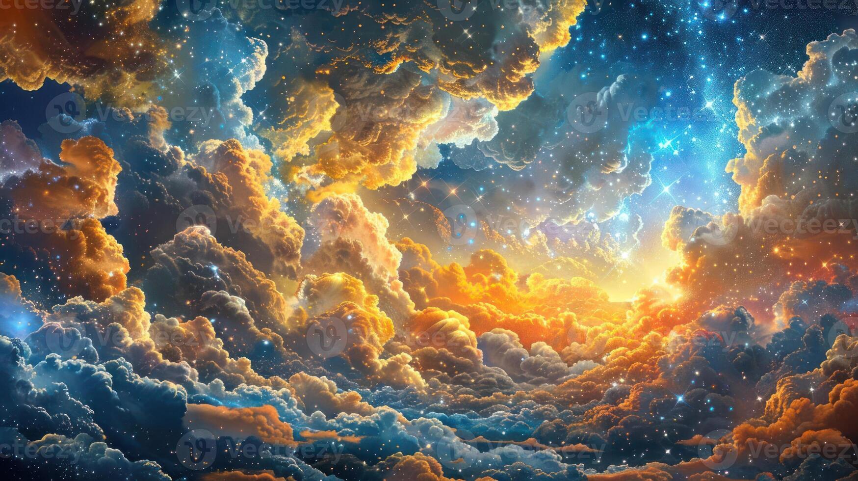 A vibrant, celestial sky with clouds illuminated by a golden light and sprinkled with stars. photo