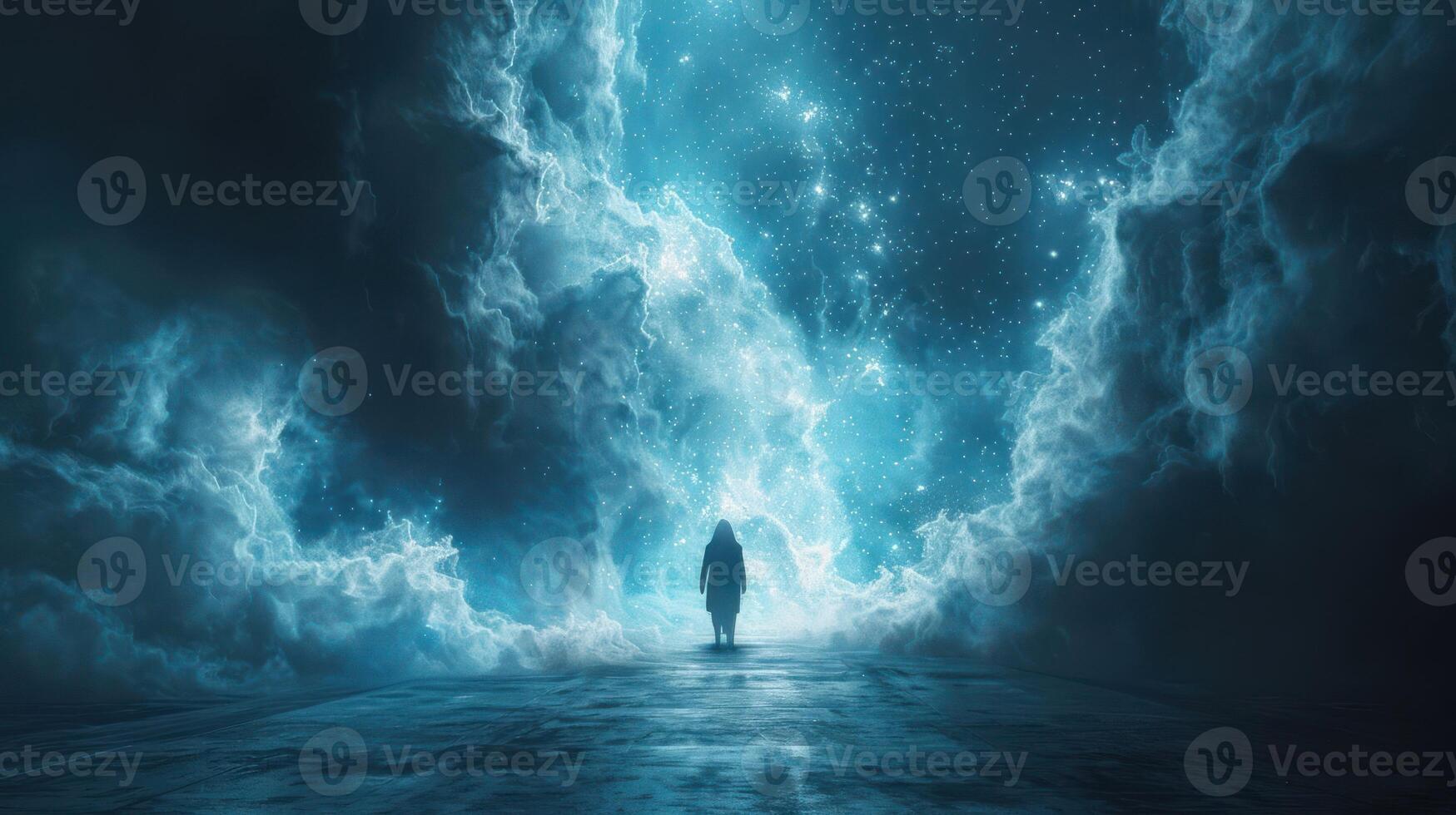 A solitary figure stands on a reflective surface, surrounded by ethereal clouds, beneath a celestial sky. photo