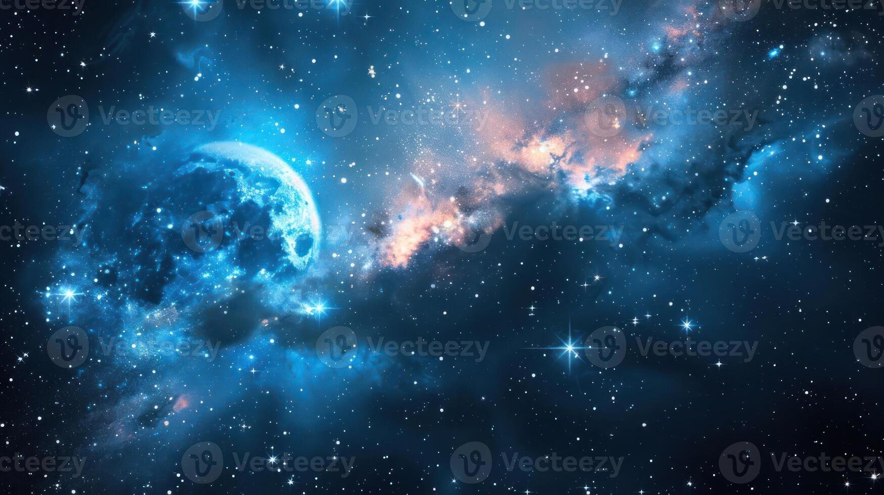 A blue planet in a vast starry sky with nebulae and swirling clouds. photo