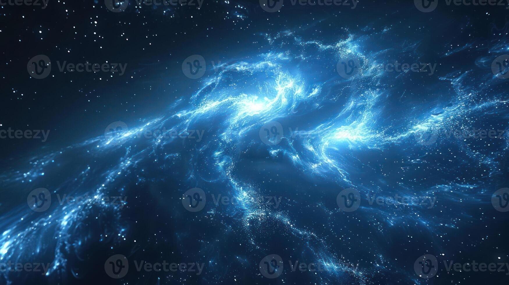 A cosmic nebula glows with vibrant blue light, creating a stunning display of celestial beauty. The intricate patterns of gas and dust resemble a swirling, ethereal cloud. The background is dotted with countless stars, adding to the majestic spectacle. photo