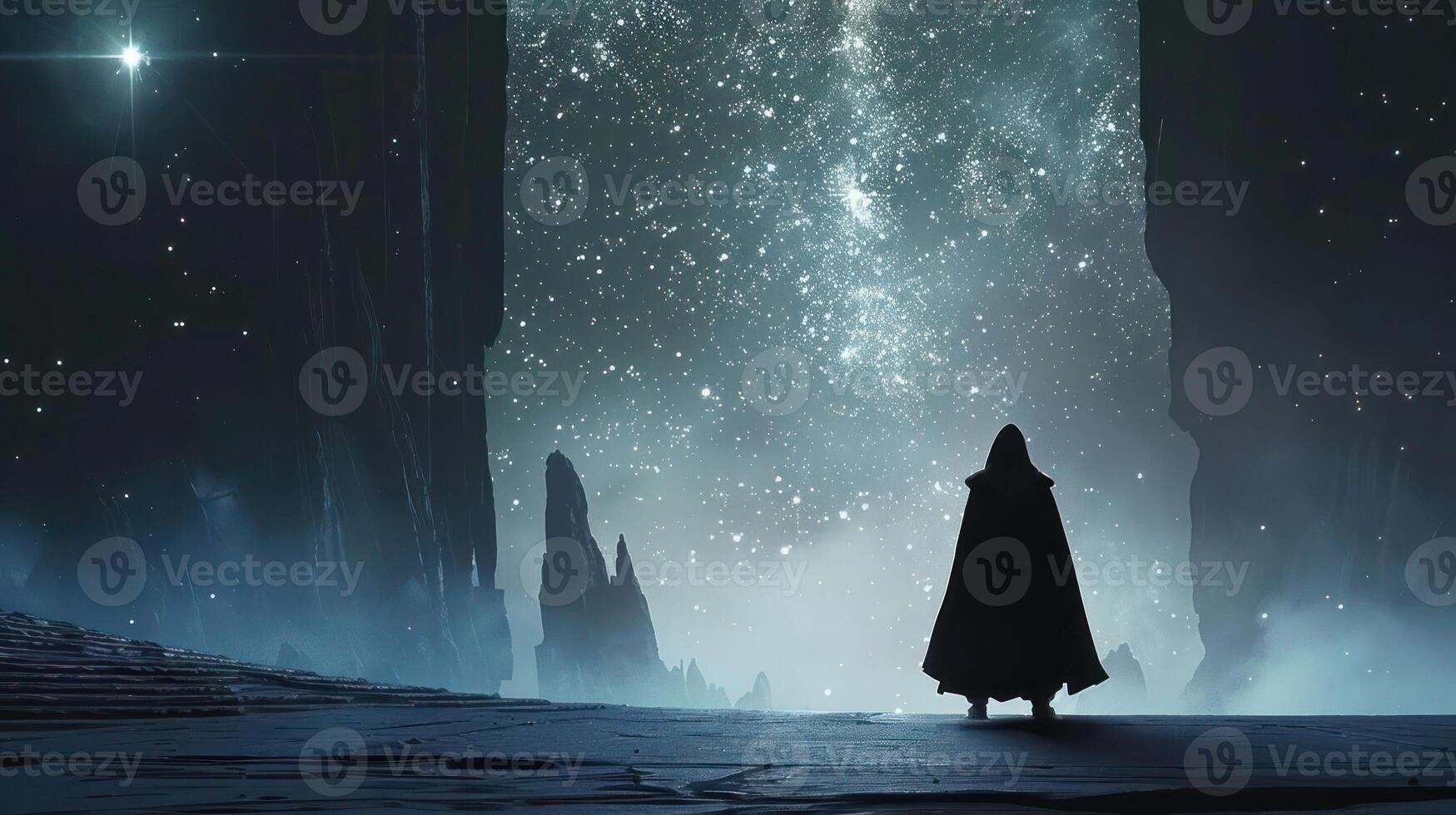 A lone figure in a hooded cloak stands before a cosmic gateway, gazing at a starry sky. photo