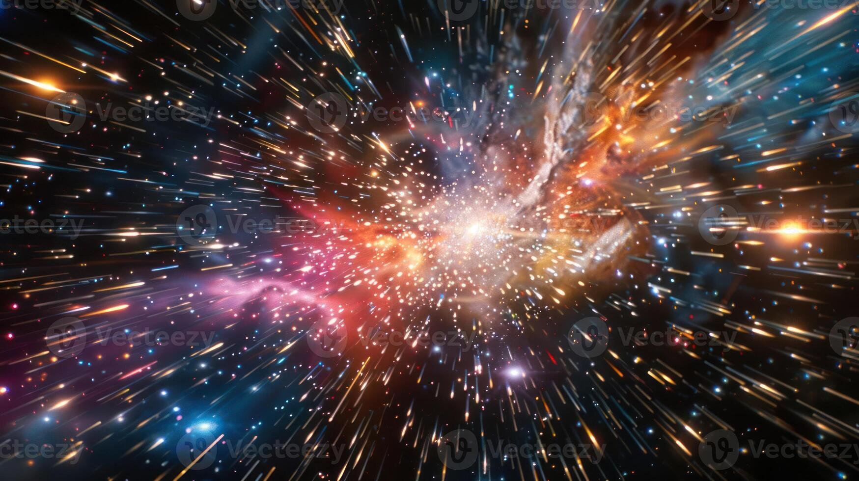 A vibrant nebula with streaks of light and color, simulating a cosmic explosion. photo