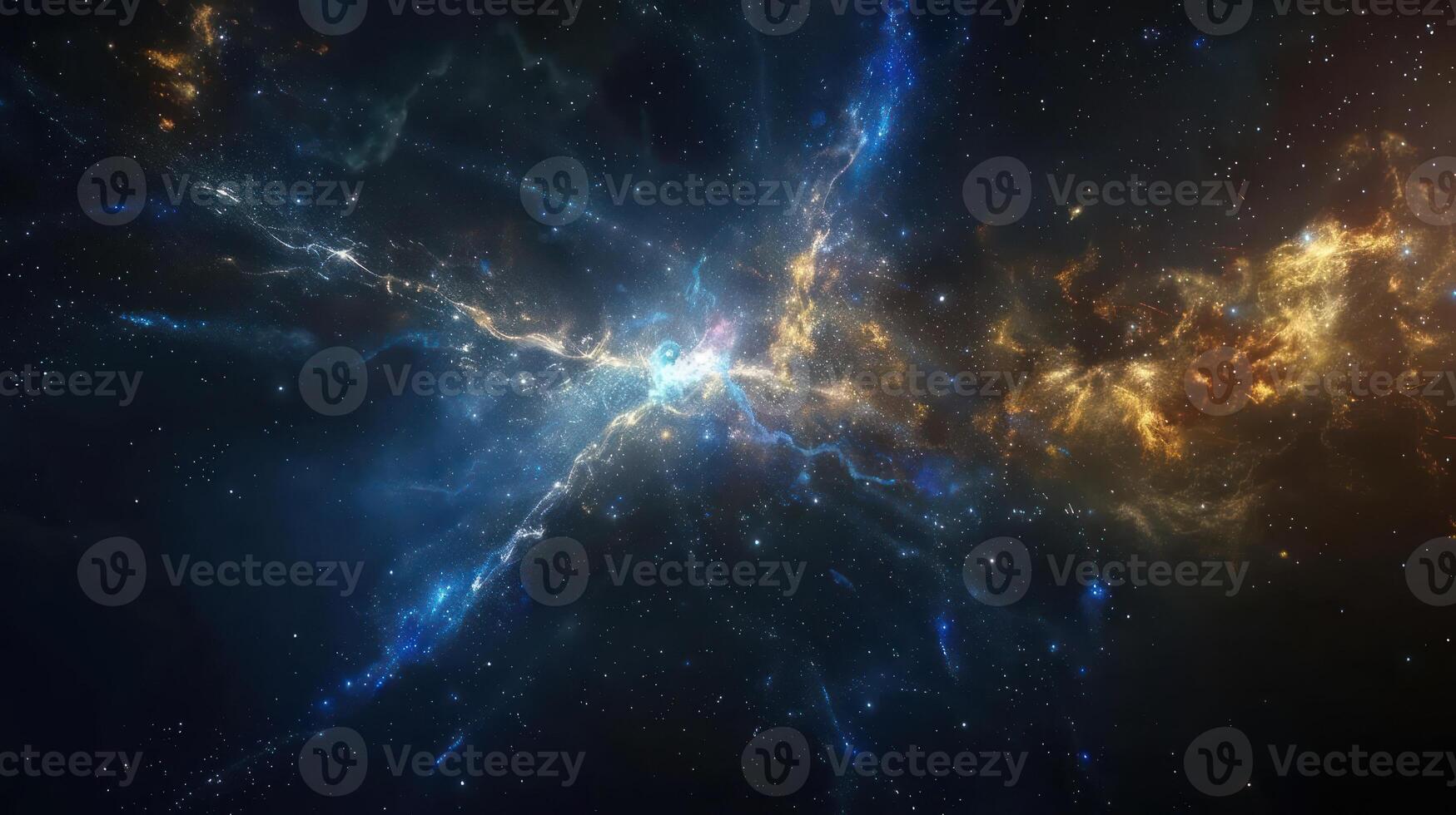 A vibrant nebula, swirling with colors and light, illuminates the vast expanse of space. photo